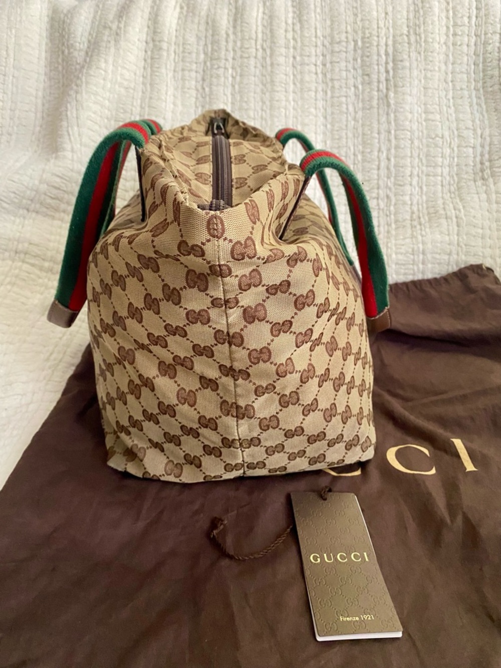 Gucci GG Supreme Canvas Tote Bag Web Stripe Handles Beige Brown - Picture 12 of 15